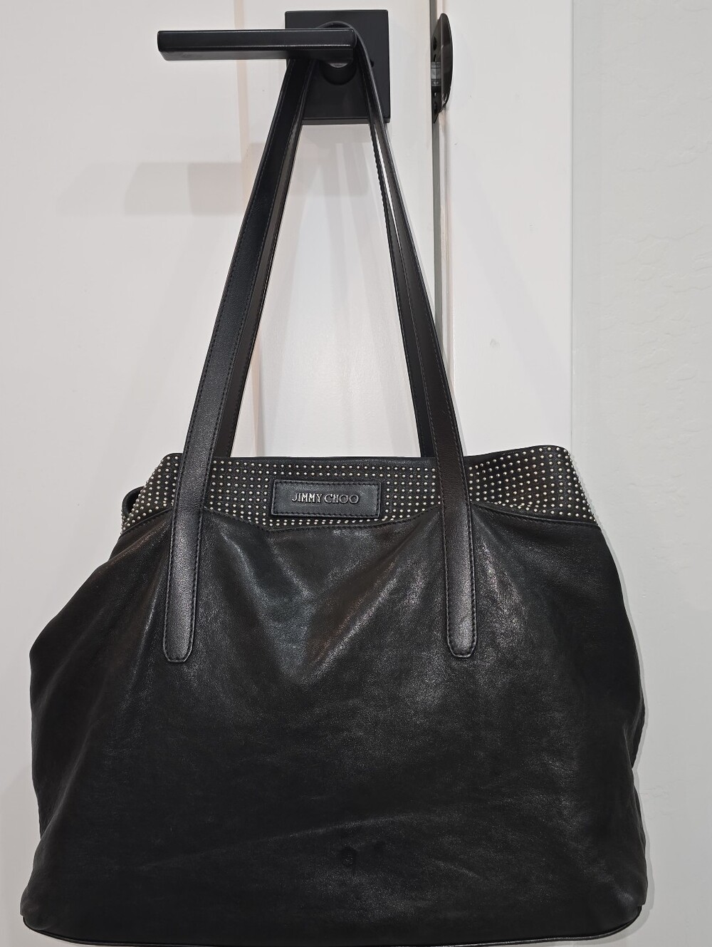EUC Jimmy Choo Pimlico  Black Leather Tote with Silver Stud Accents